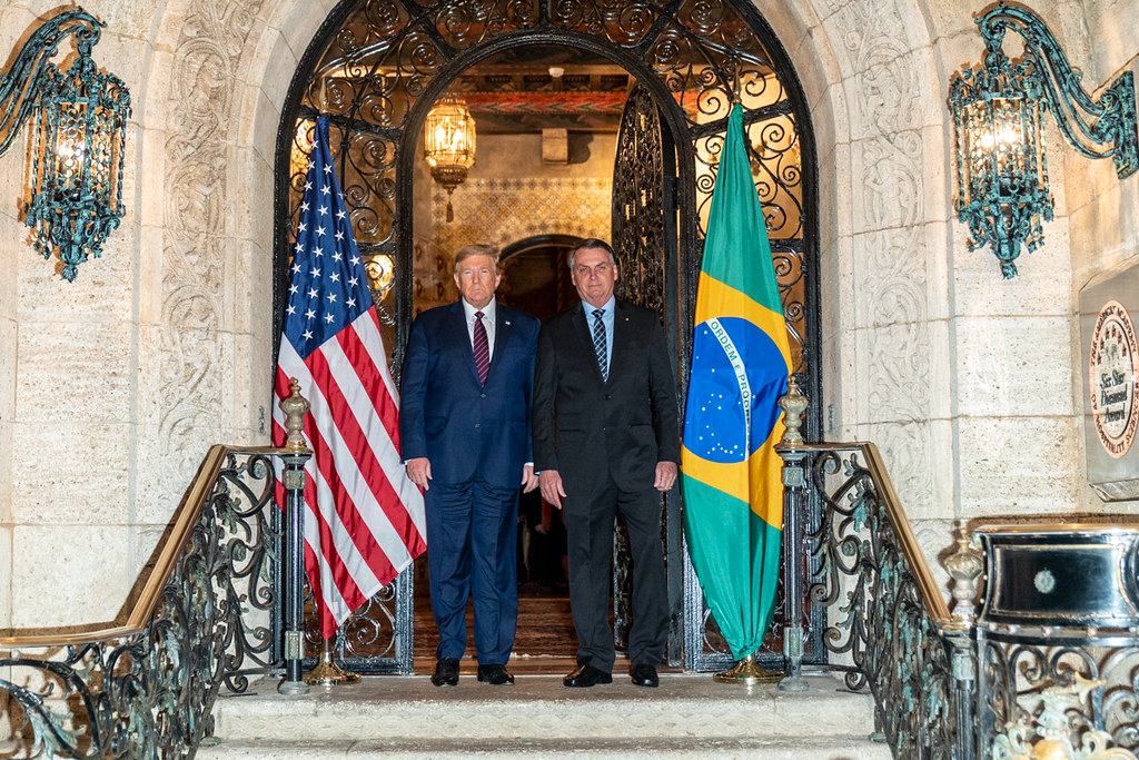 President Donald J. Trump greets Brazil’s President Jair Bolsonaro Saturday evening, March 7, 2020, upon his arrival to Mar-a-Lago in Palm Beach, Fla. (Official White House Photo by Shealah Craighead)